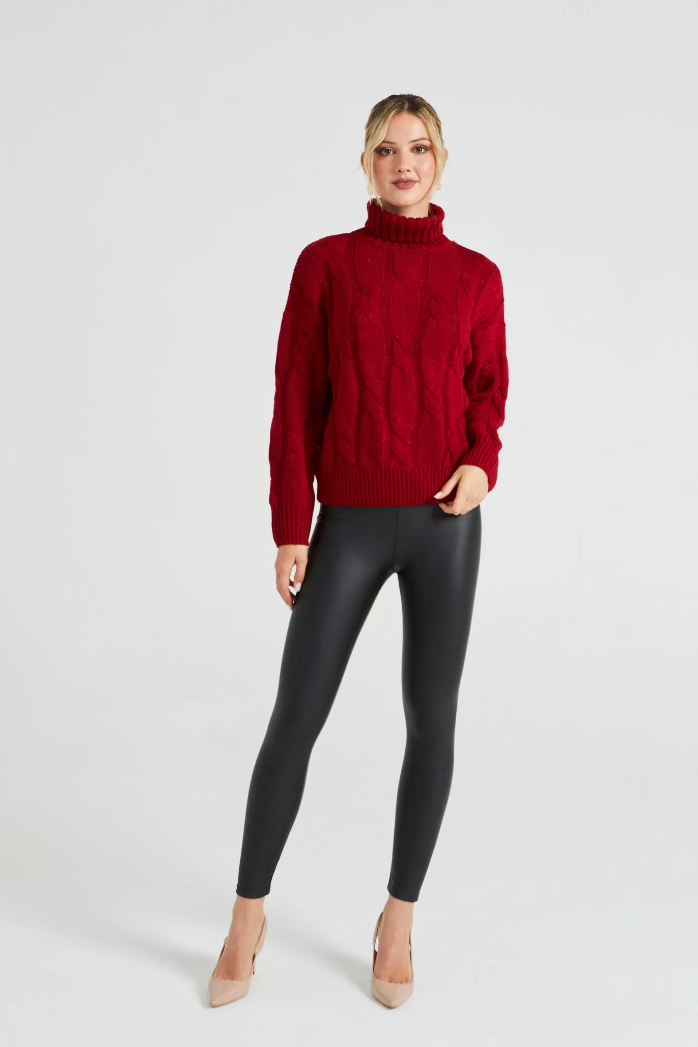 Angeleye High Neck Cable Knit Jumper With Lurex In Red