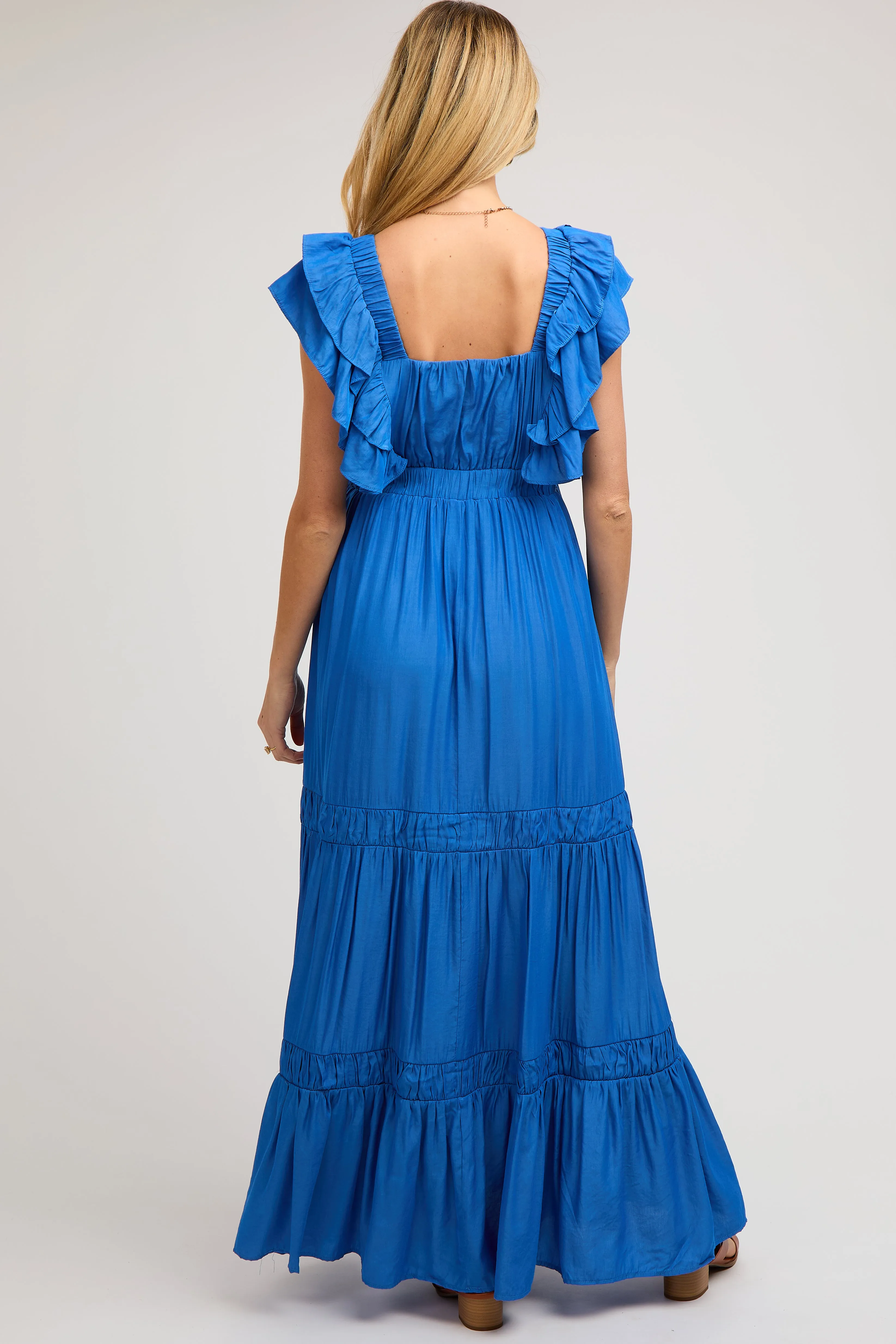 Blue Layered Ruffle Tiered Maternity Maxi Dress