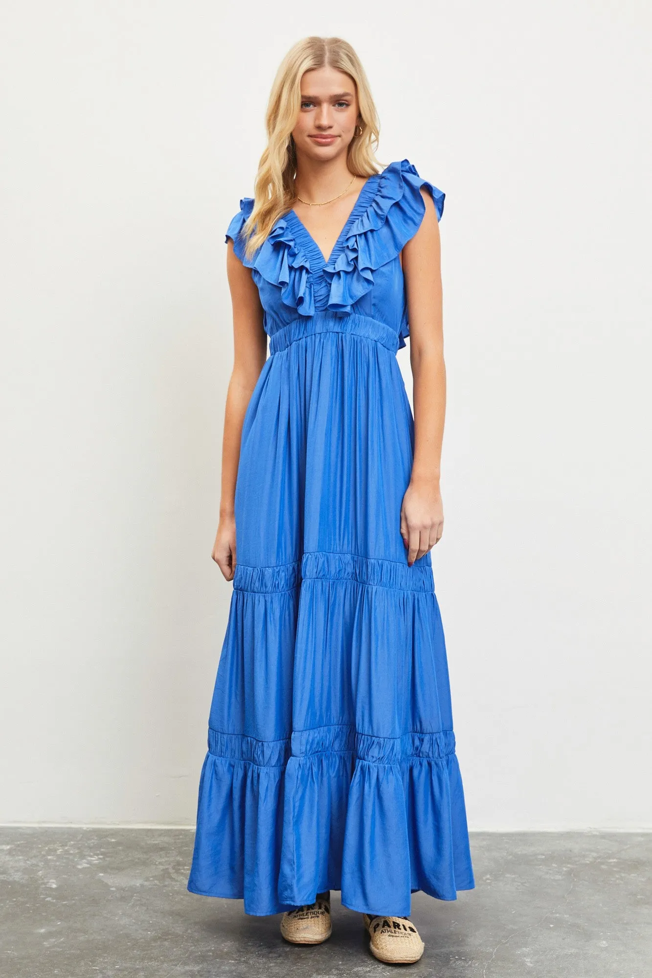 Blue Layered Ruffle Tiered Maternity Maxi Dress