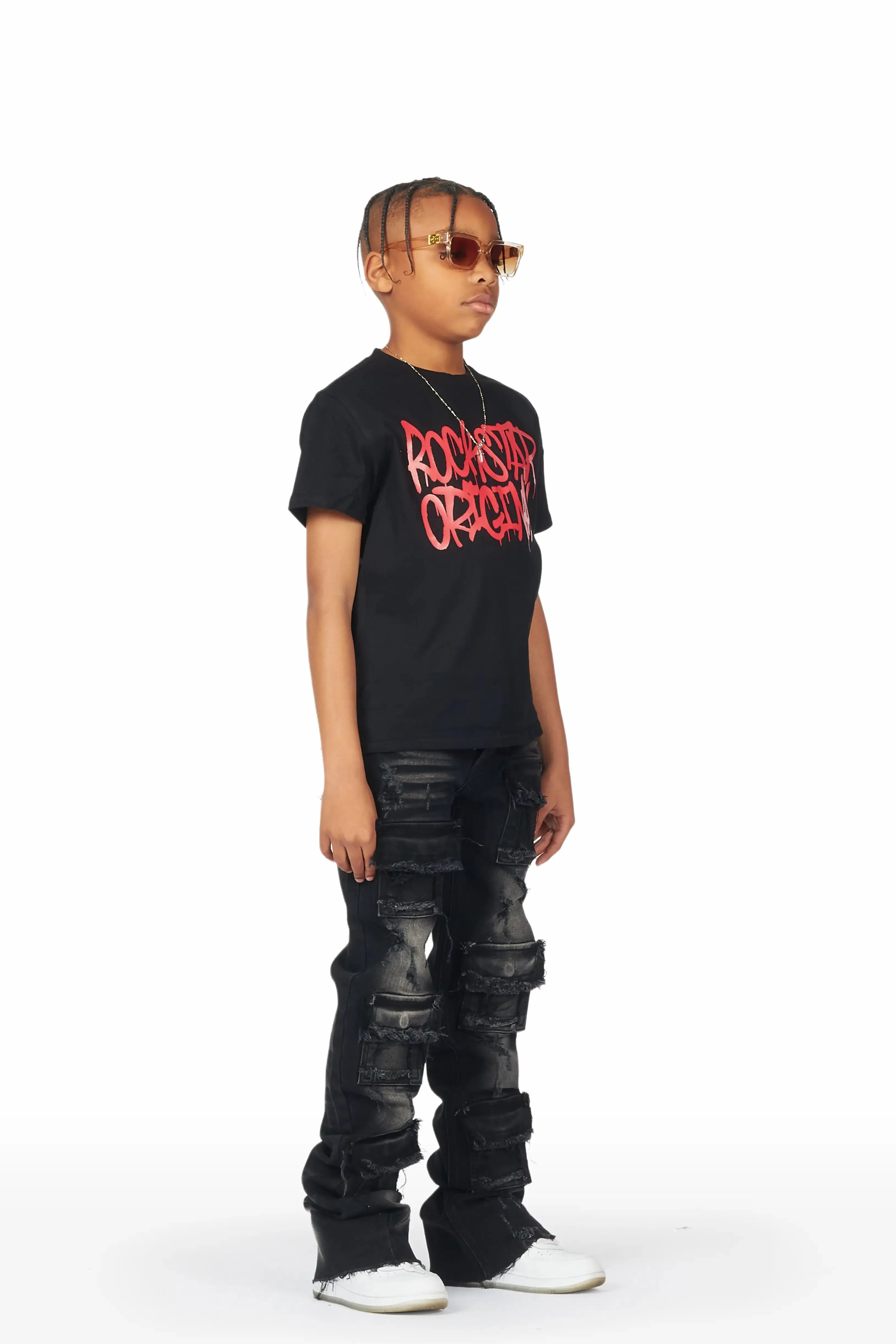 Boys Badar Black T-Shirt/Super Stacked Flare Jean Set