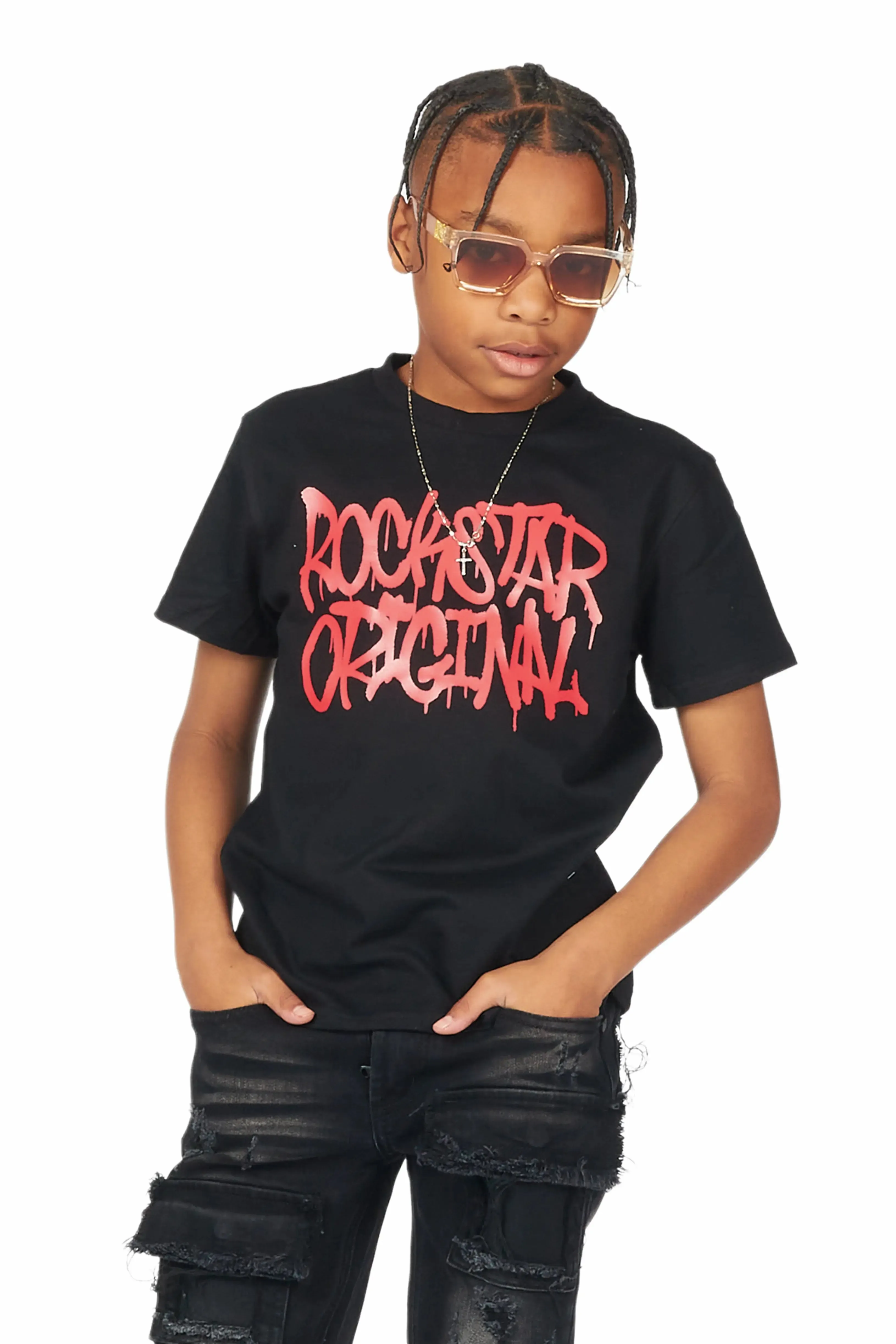 Boys Badar Black T-Shirt/Super Stacked Flare Jean Set