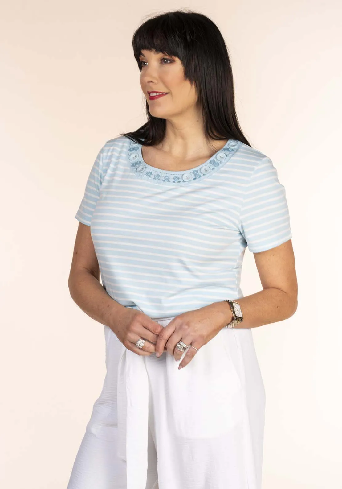 Button Neck Stripe T-Shirt