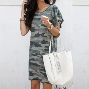 Cool Layered Angel Sleeves Camo Bodycon Camouflage Short Dress