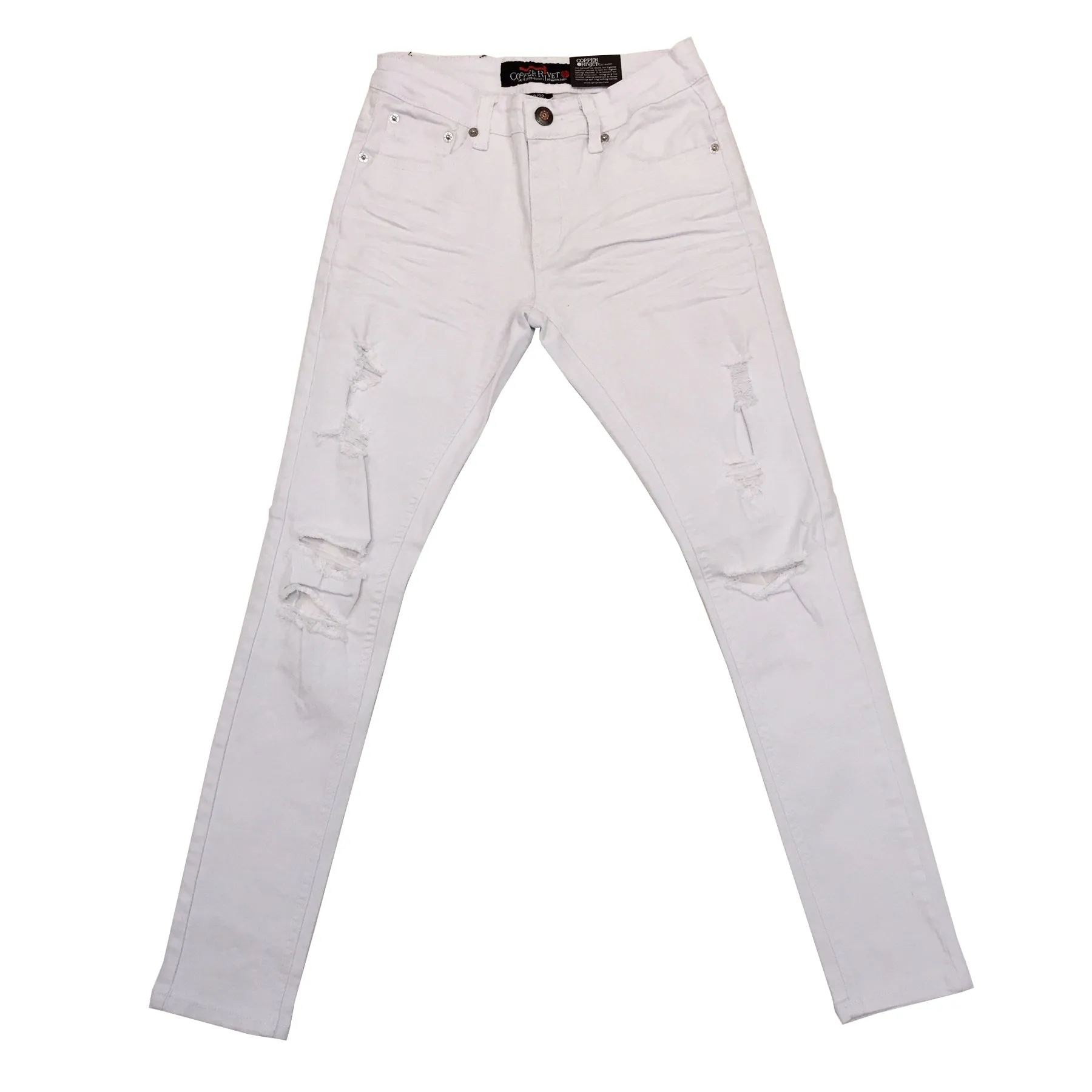 Copper Rivet Ripped Slim Jean (White)