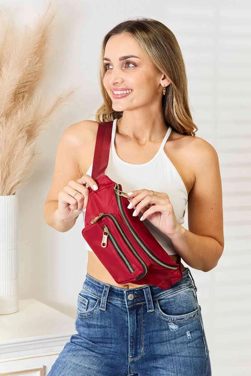 Deep Red Triple Pocket Nylon Fanny Pack