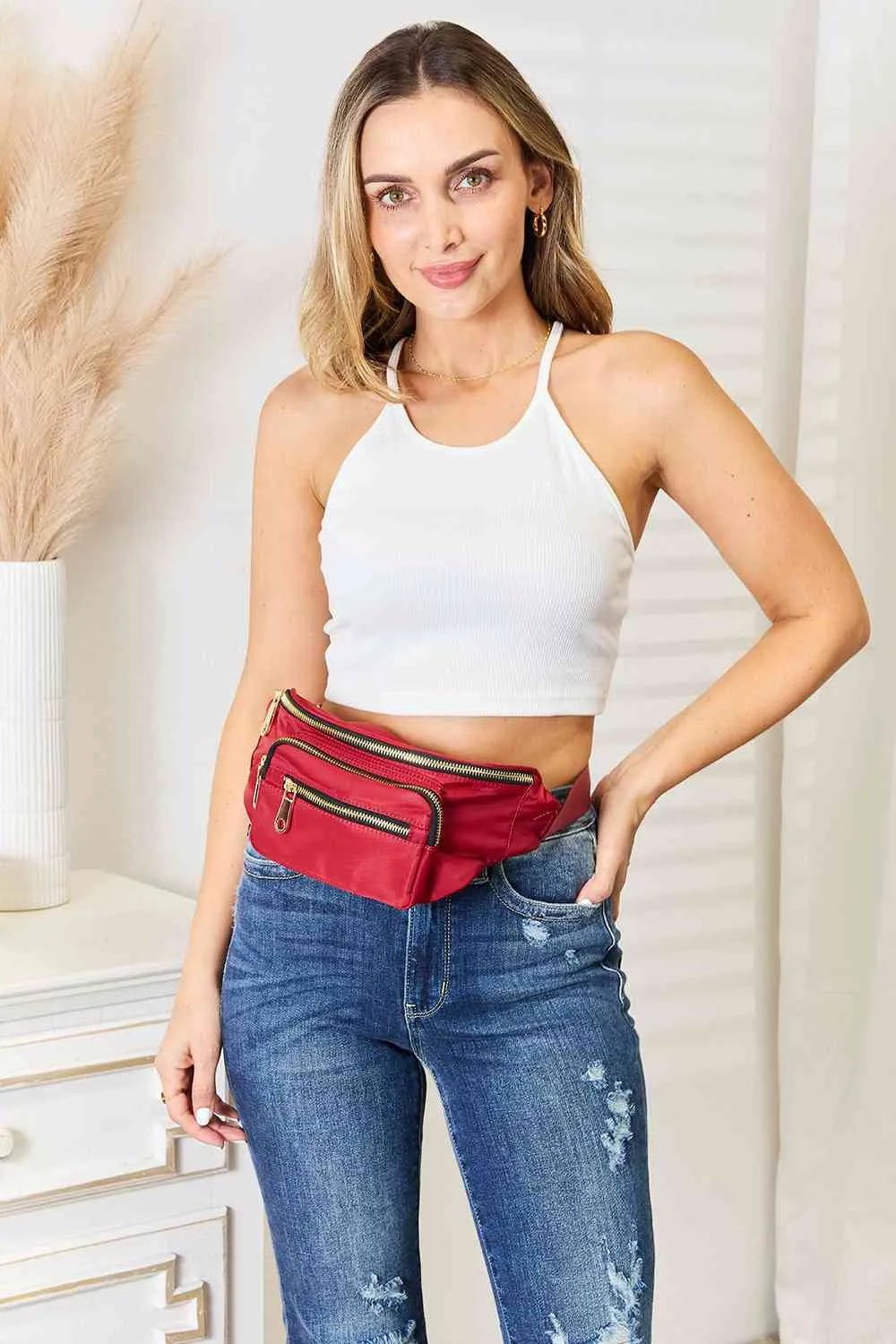 Deep Red Triple Pocket Nylon Fanny Pack