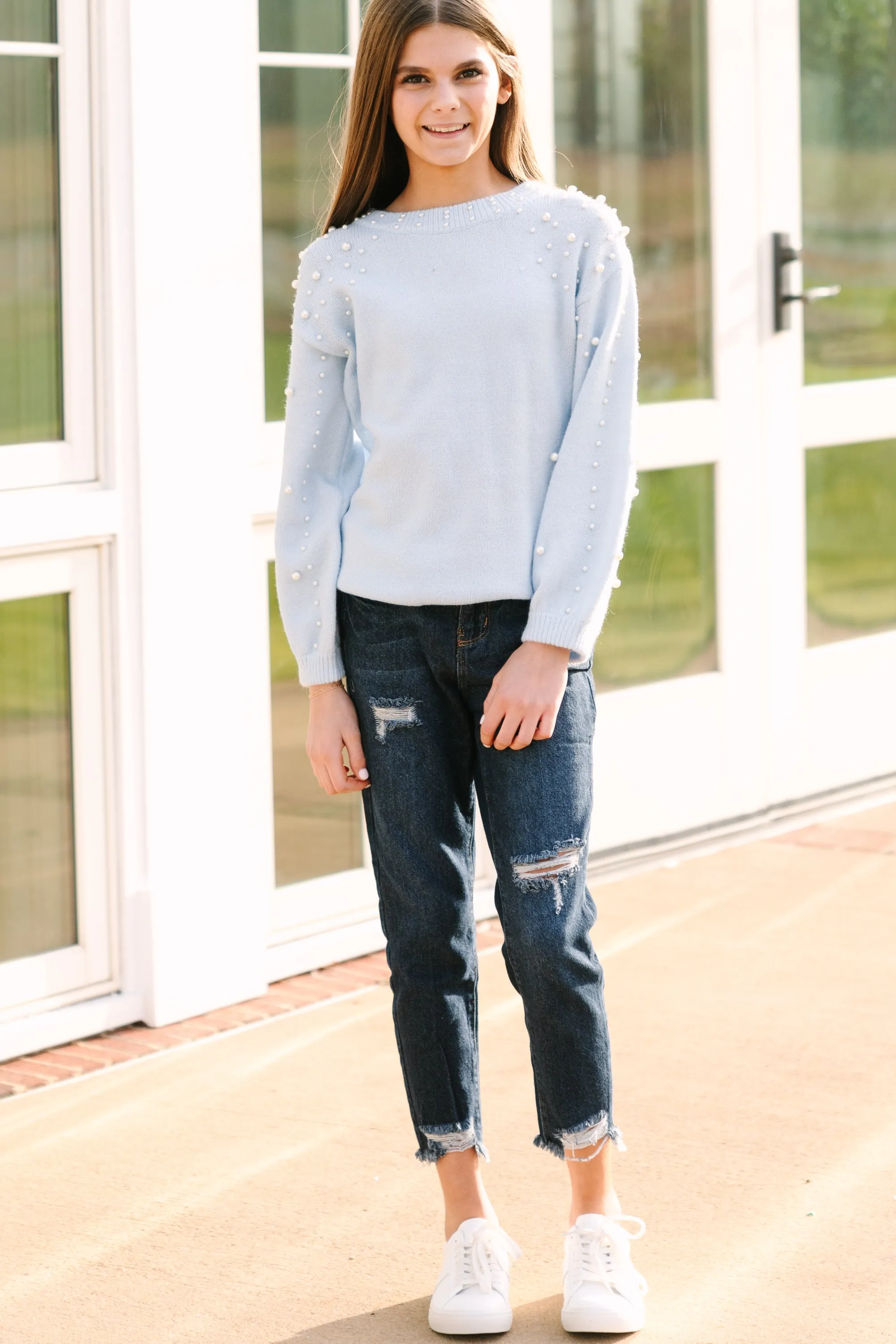 Girls: Can't Help But Love Light Blue Pearl Studded Sweater