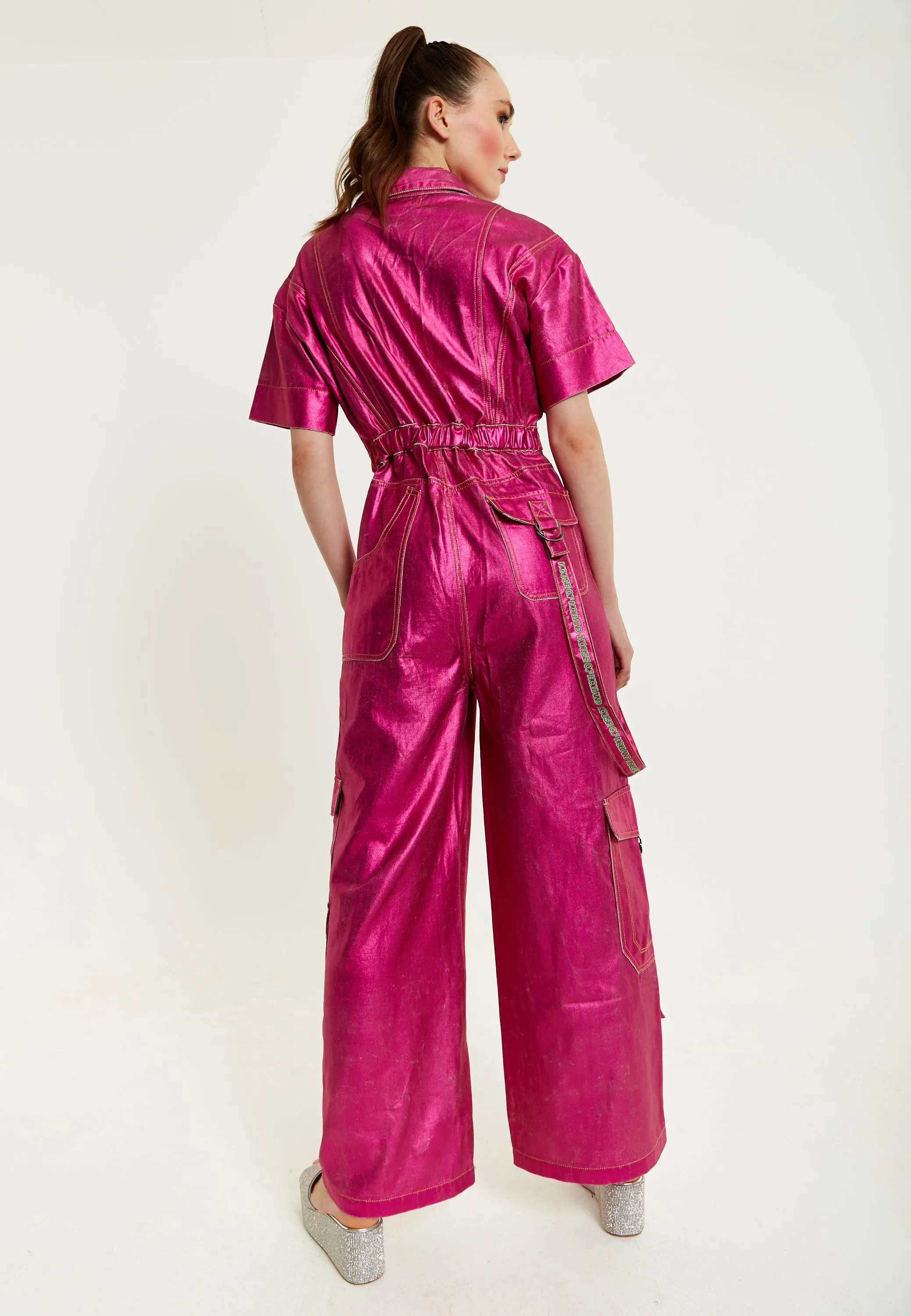 House Of Holland Metallic Utility Jumpsuit In Fuchsia