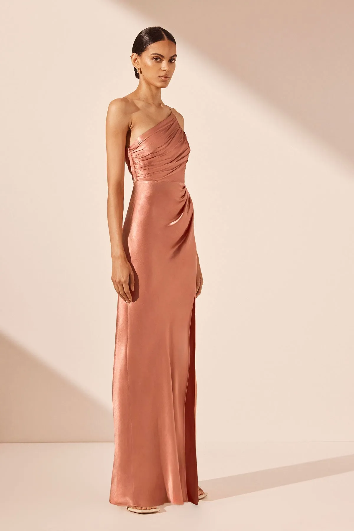 LA LUNE ASYMMETRICAL GATHERED MAXI DRESS - ANTIQUE ROSE