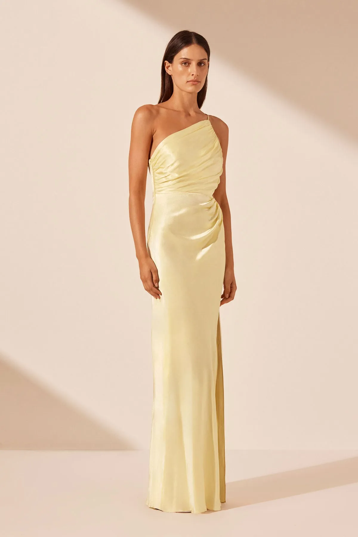 LA LUNE ASYMMETRICAL GATHERED MAXI DRESS - LEMON