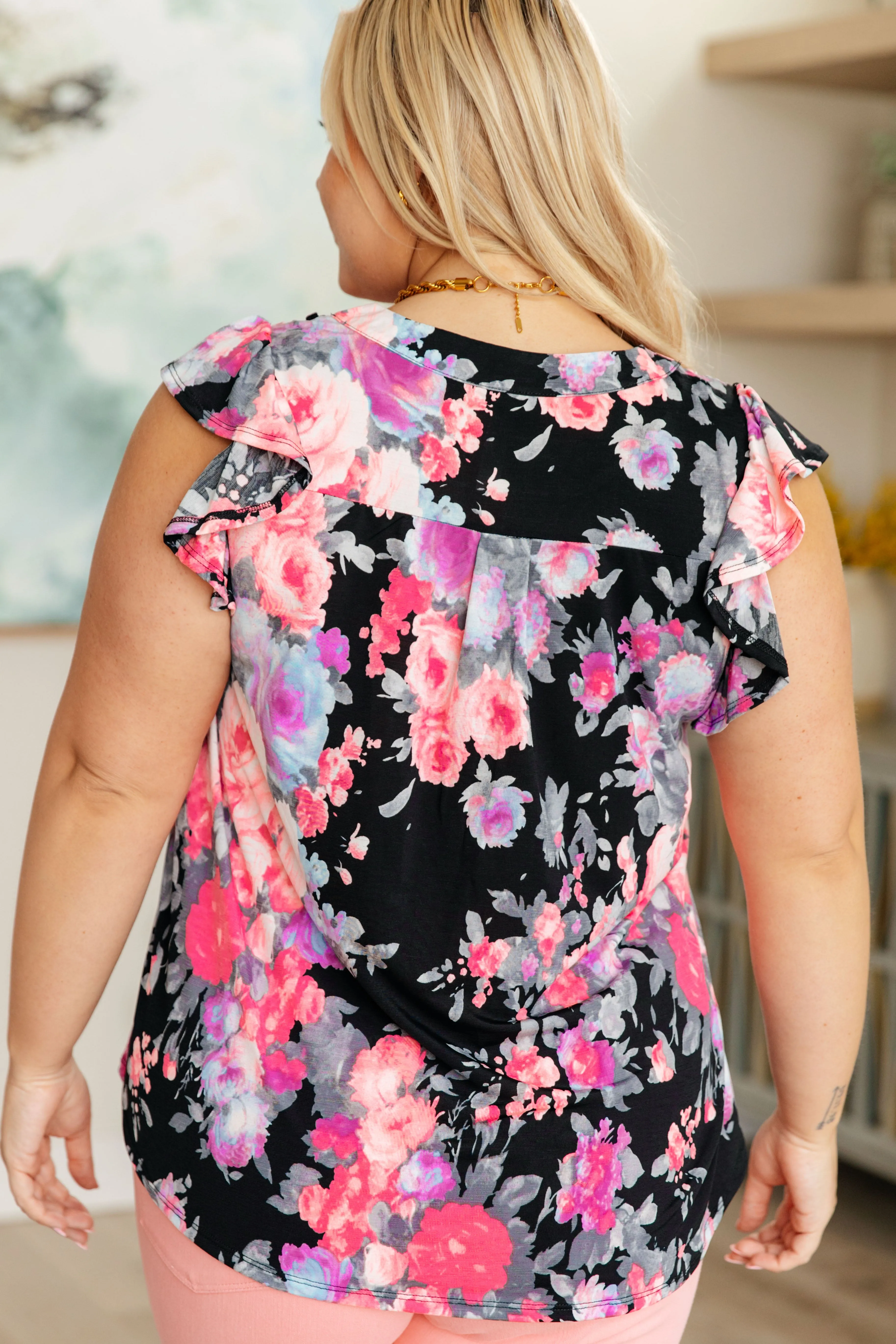 Lizzy Flutter Sleeve Top in Black and Dusty Pink Floral - 4/26