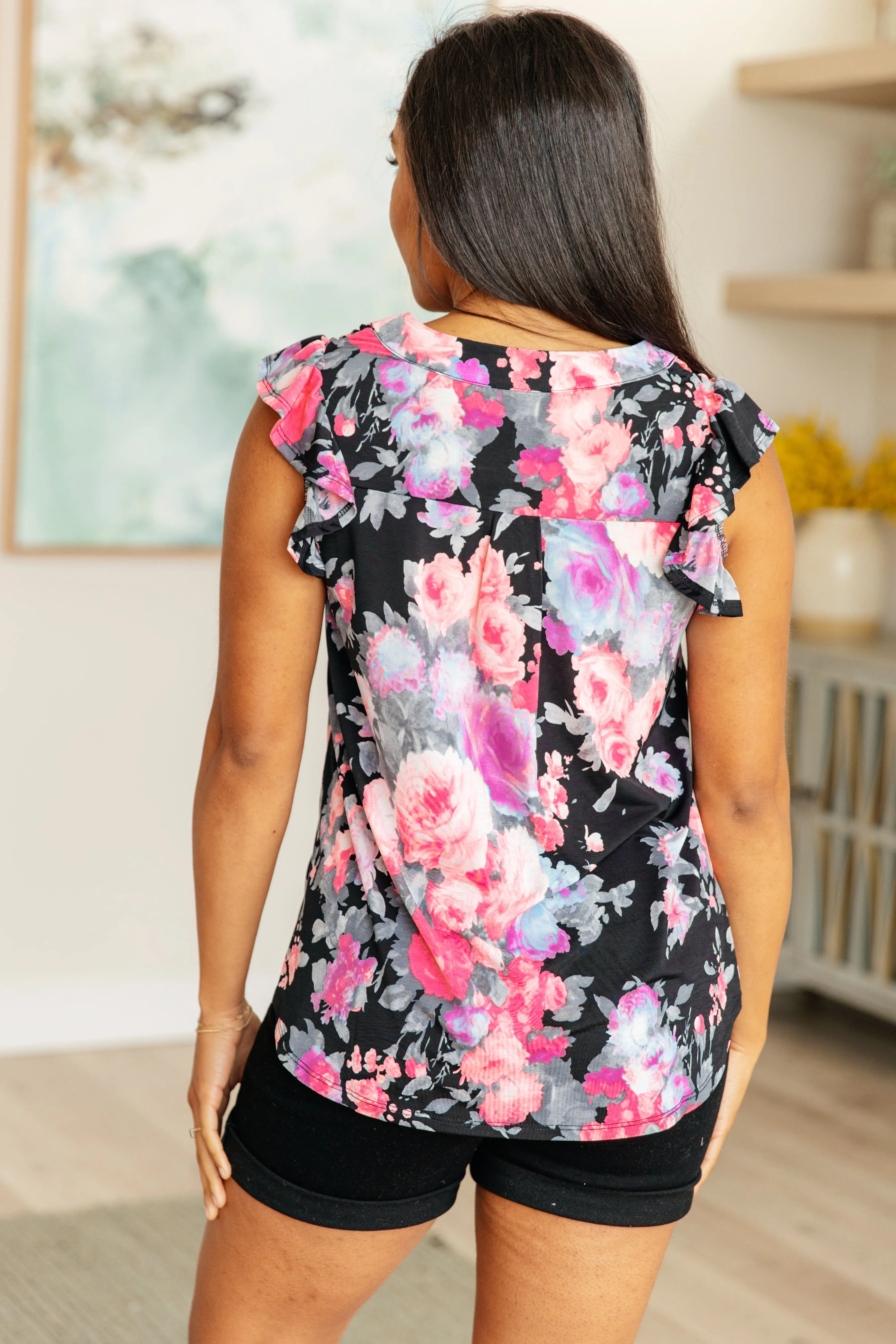 Lizzy Flutter Sleeve Top in Black and Dusty Pink Floral - 4/26