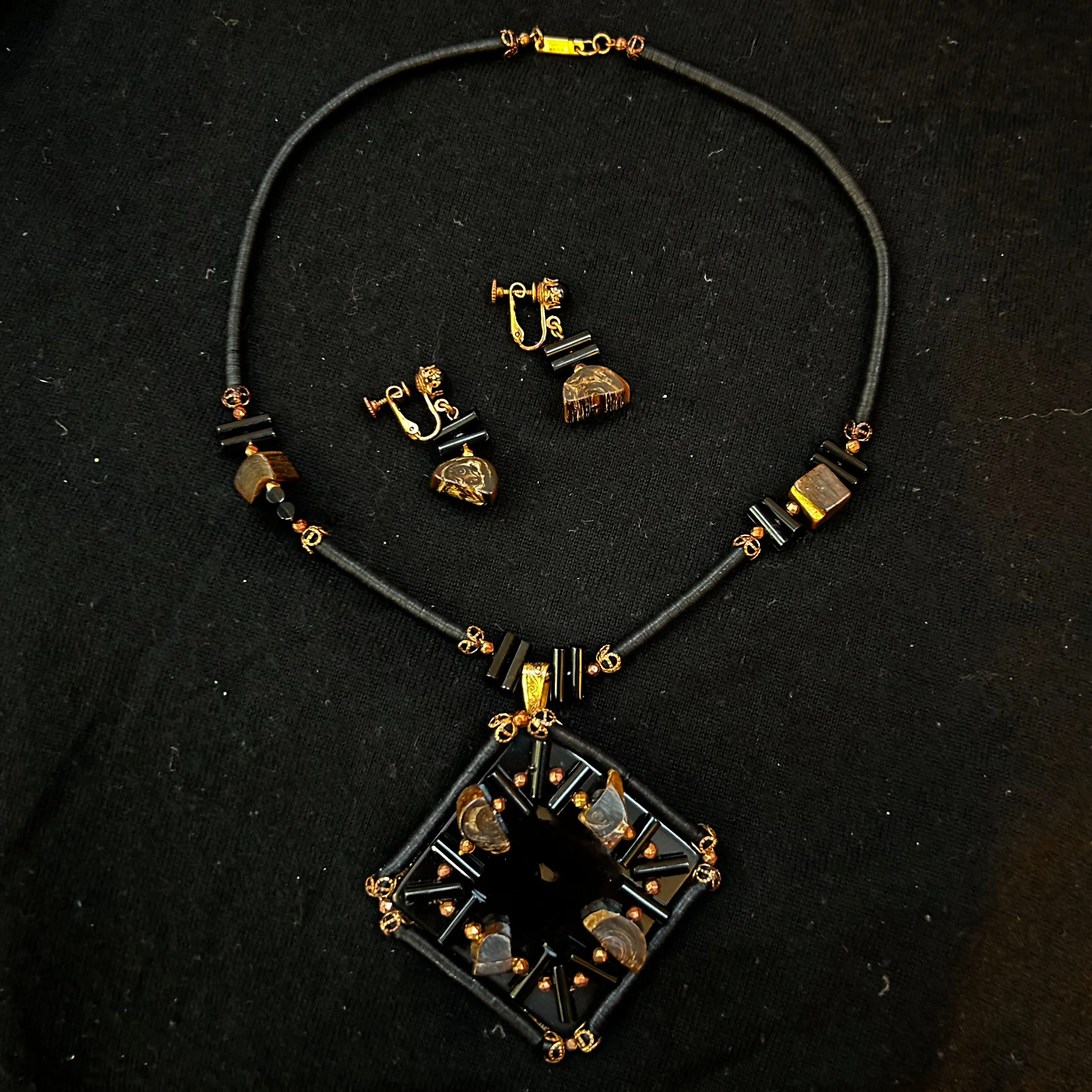 Miriam Haskell Vintage Dramatic Black Pendant Necklace & Earrings