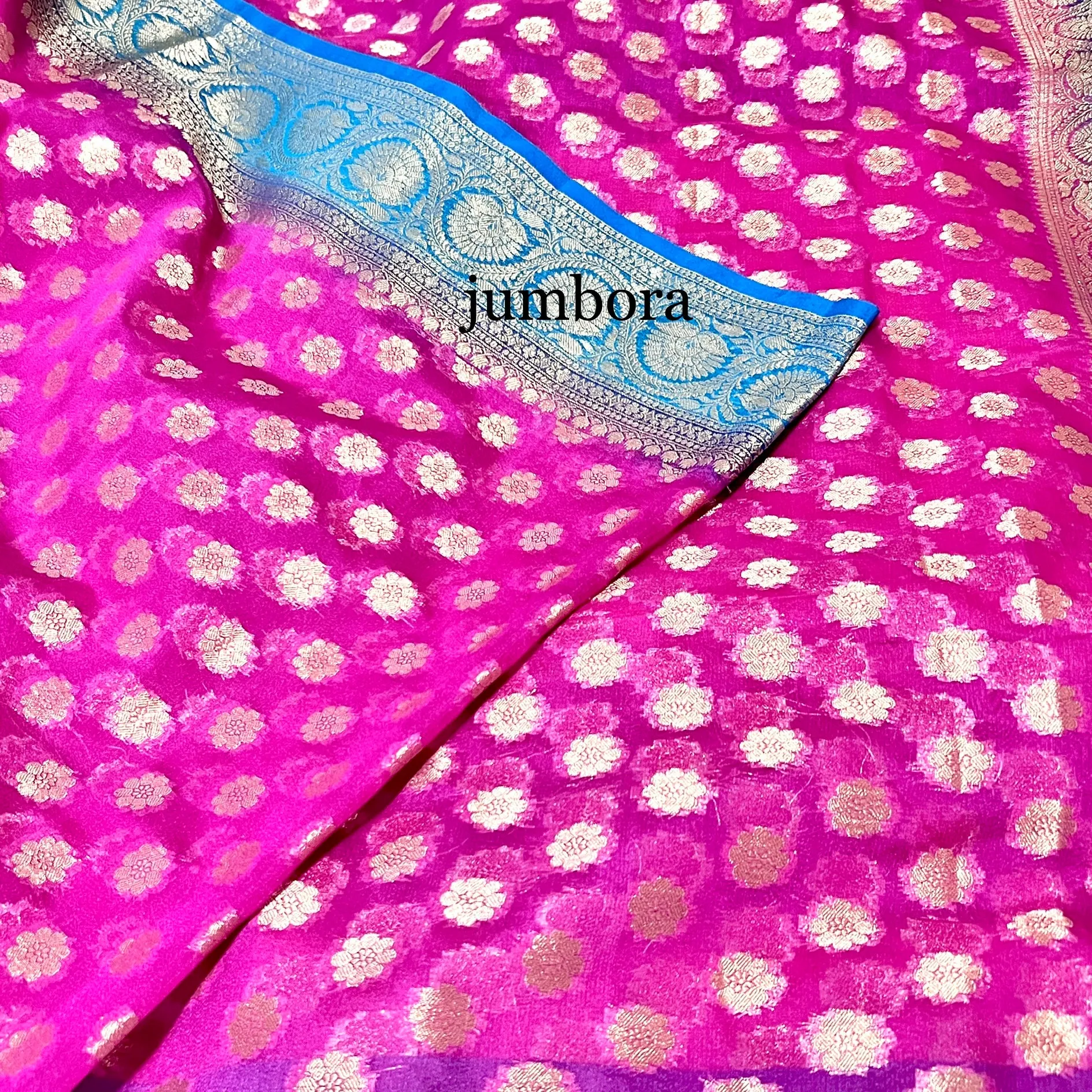 Pink & Blue Kora Banarasi Silk Saree with Stitched Blouse