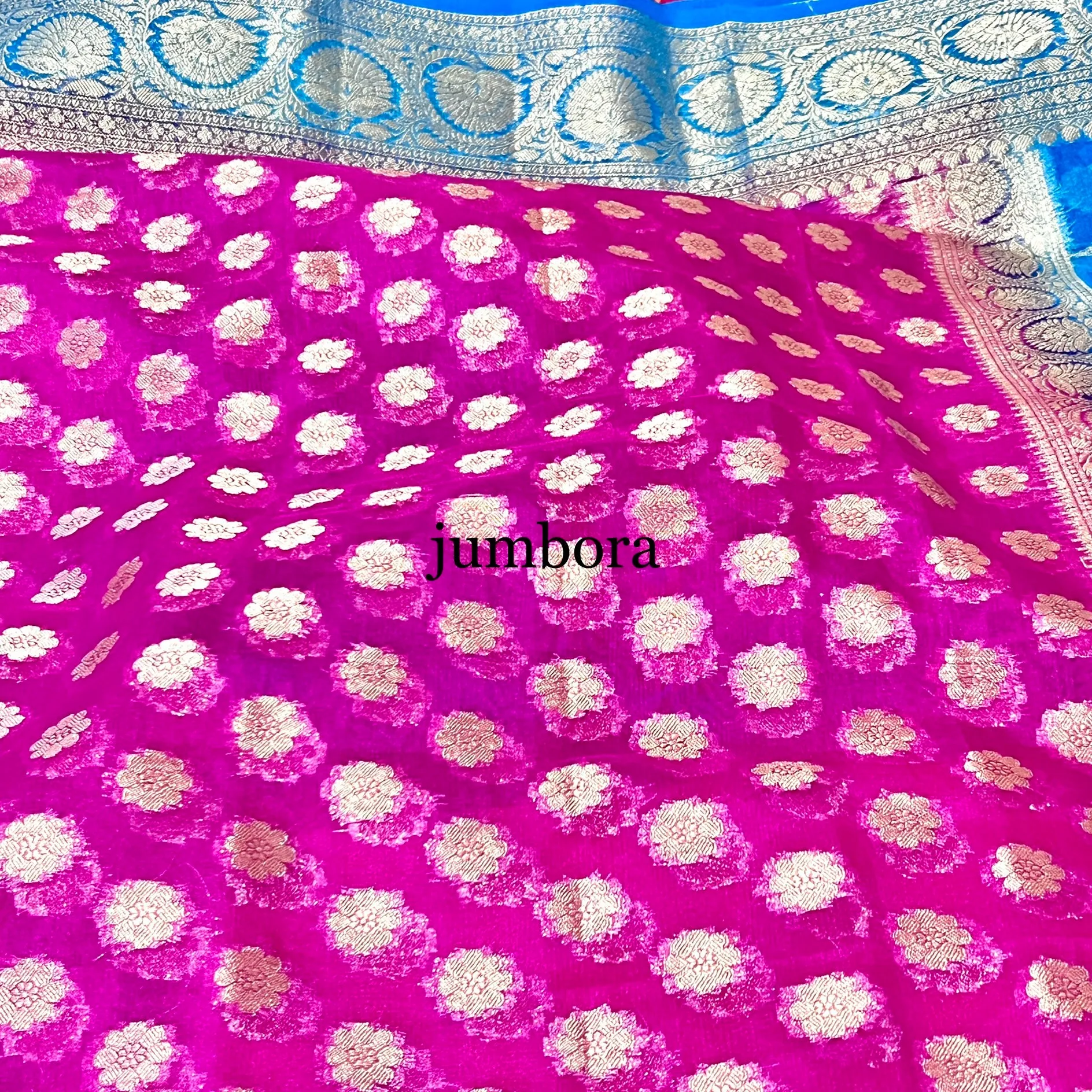 Pink & Blue Kora Banarasi Silk Saree with Stitched Blouse