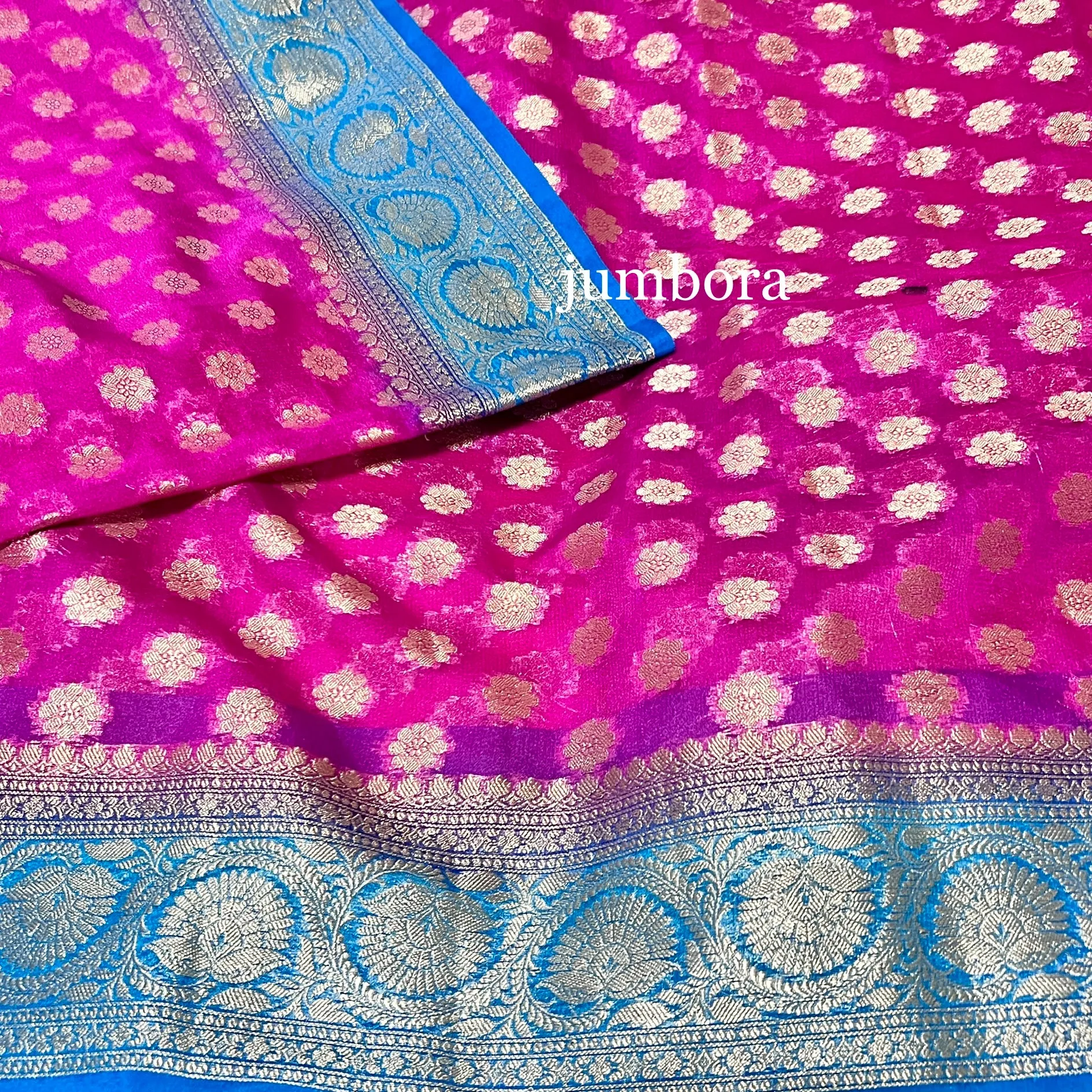 Pink & Blue Kora Banarasi Silk Saree with Stitched Blouse