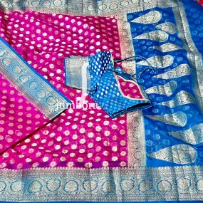 Pink & Blue Kora Banarasi Silk Saree with Stitched Blouse