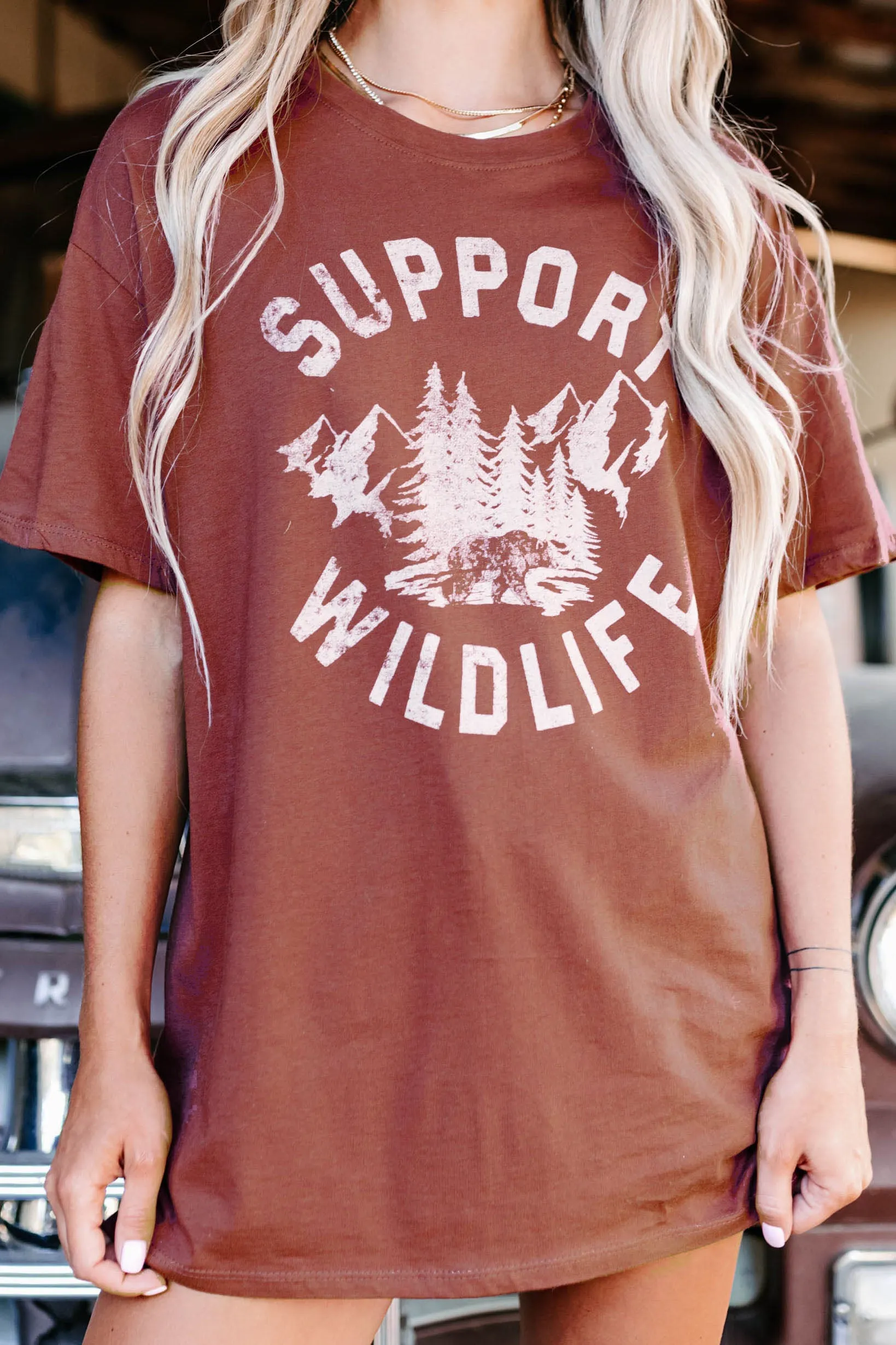 "Support Wildlife" Graphic Top (Red Brown)