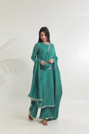 Rama green bandhej handblock straight muslin set