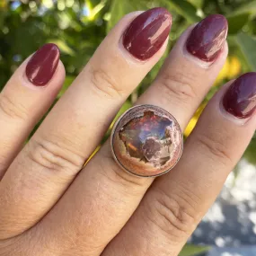 Round Rainbow Mexican Fire Opal Sterling Silver Ring, One of a Kind