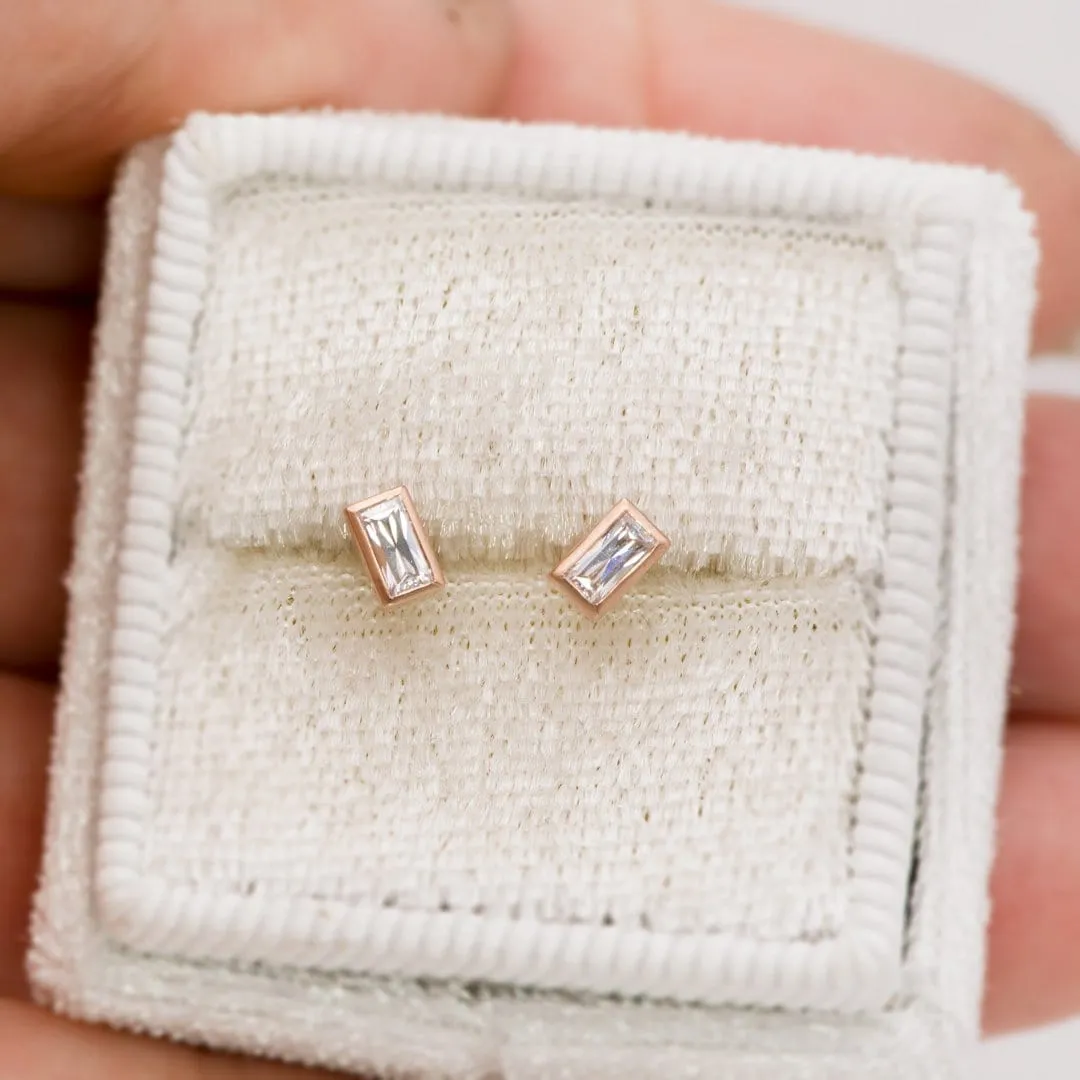 Simple Baguette Moissanite Bezel Set Stud Earrings