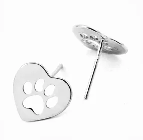 Stainless Steel Heart with Paw Print Stud Earrings