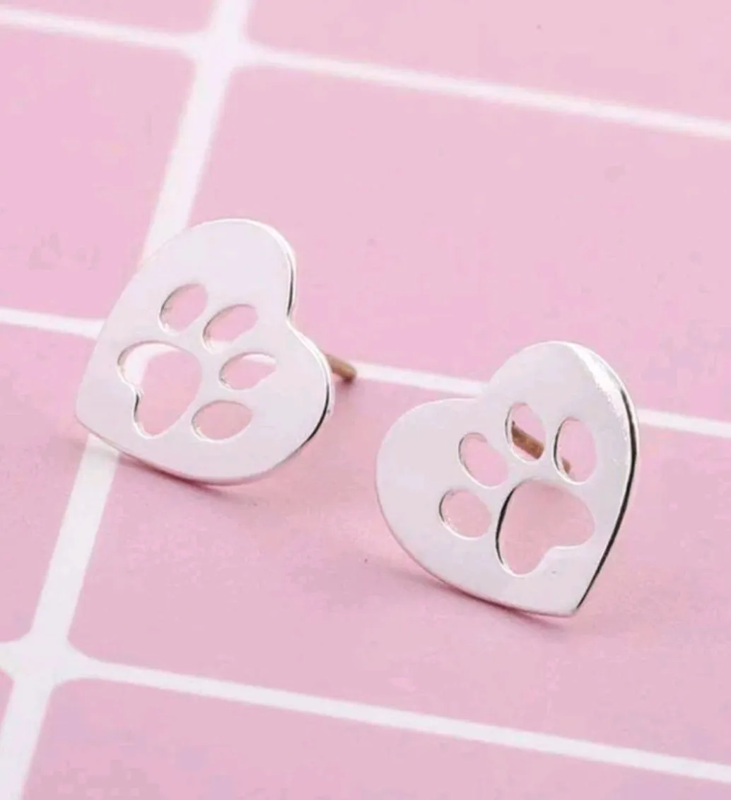 Stainless Steel Heart with Paw Print Stud Earrings