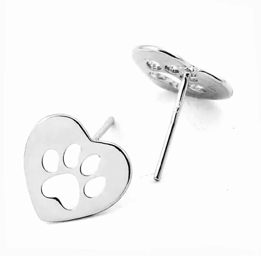 Stainless Steel Heart with Paw Print Stud Earrings