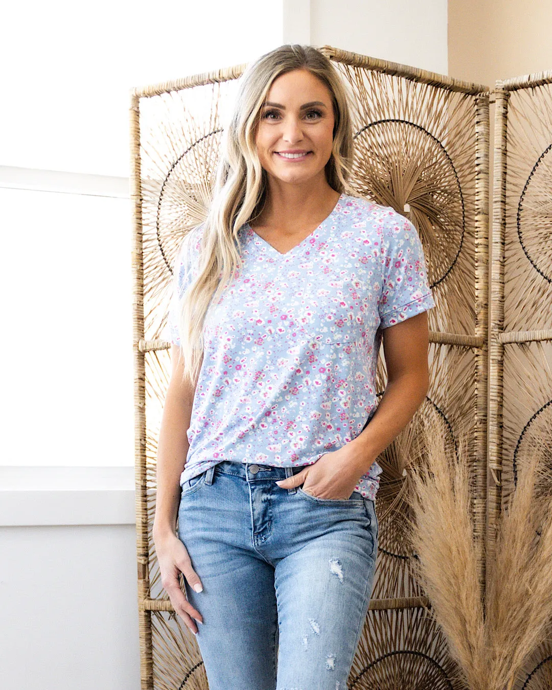 Step Right Out V Neck Pocket Top - Blue and Pink