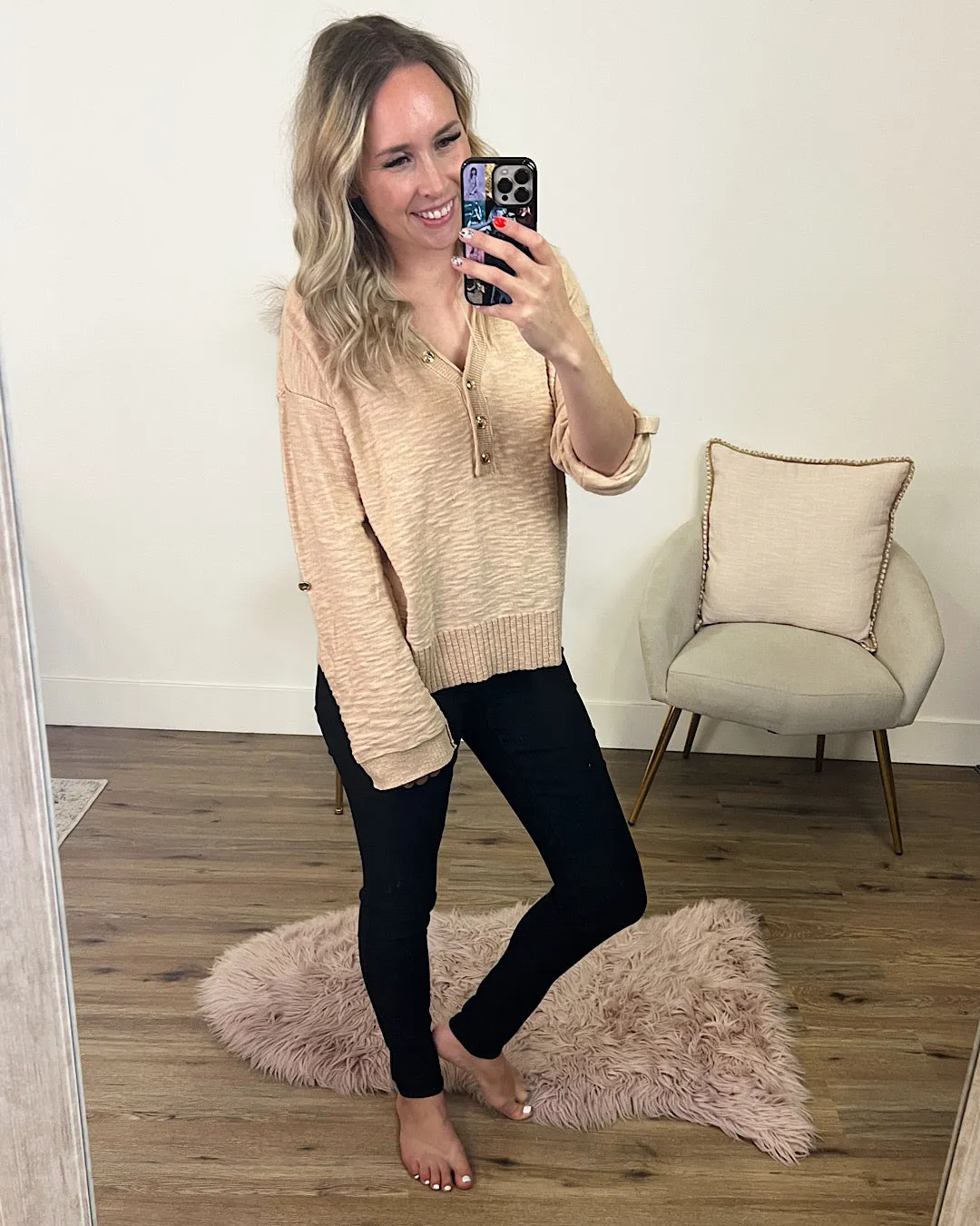 Tami Slub Knit V Neck Henley Sweater - Tan