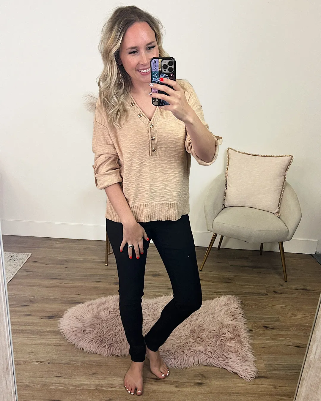 Tami Slub Knit V Neck Henley Sweater - Tan