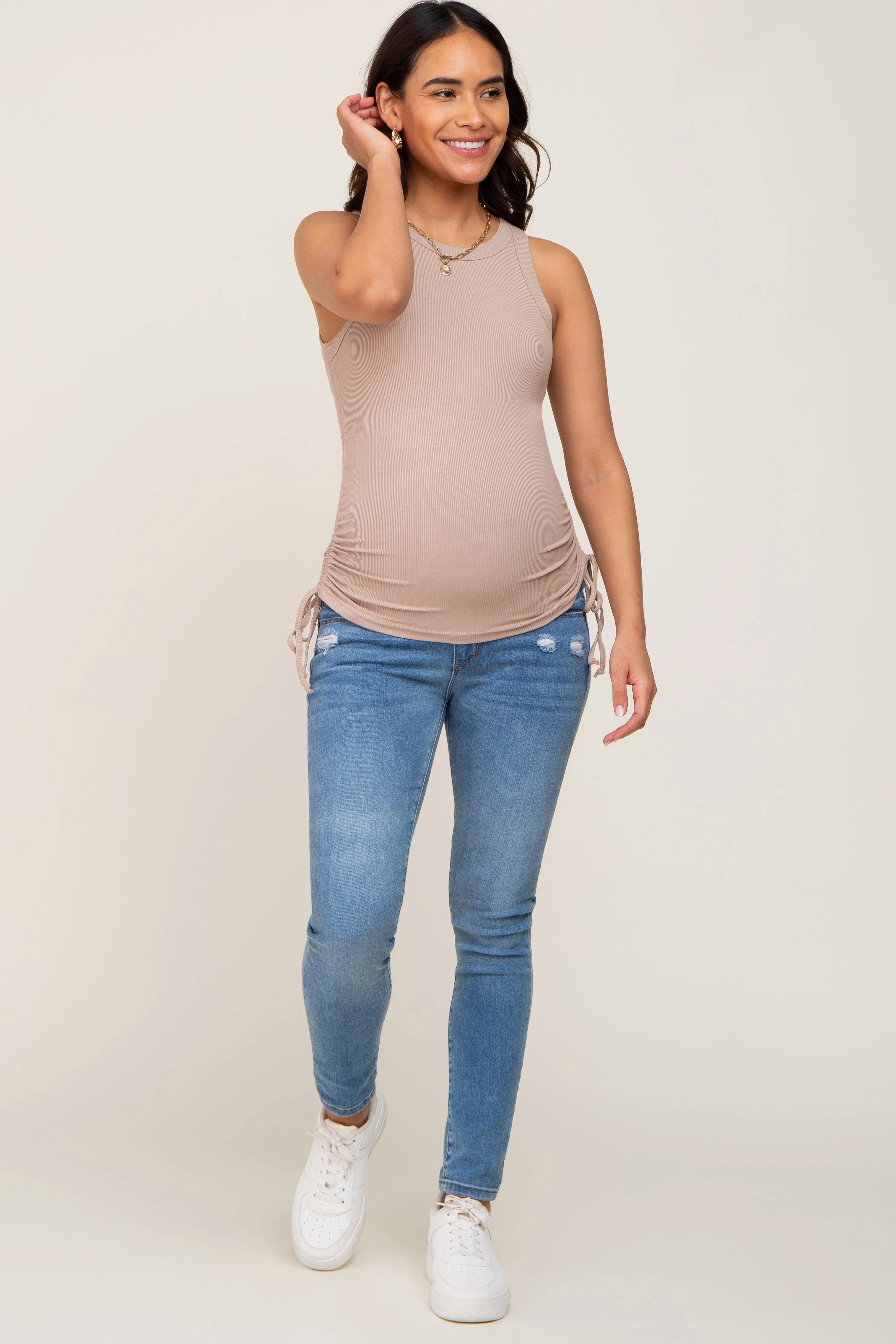 Taupe Ruched Tie Maternity Tank Top