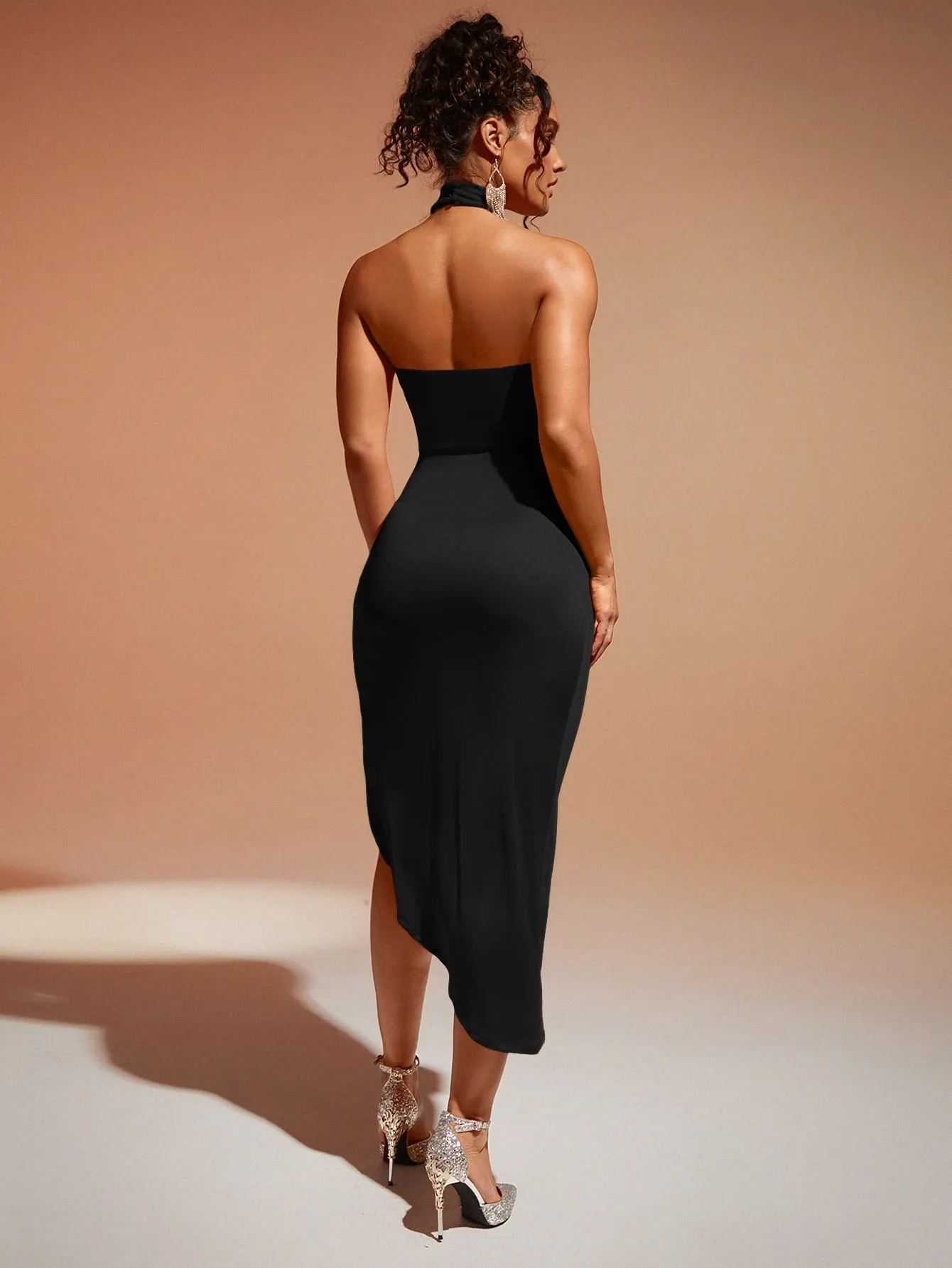 Twist Front Split Thigh Halter Neck Backless Bodycon Dress