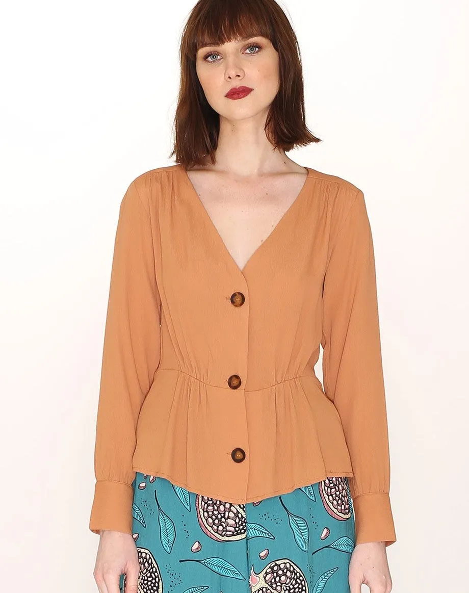 V-NECK VISCOSE SHIRT BROWN