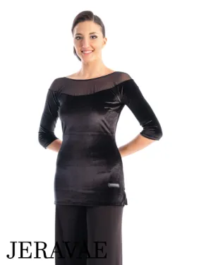 Victoria Blitz Phoebe Black Velvet Ballroom Practice Top with Boat Neck, Sheer Mesh Yoke, Longer Cut, and 3/4 Sleeves PRA 740 in Stock