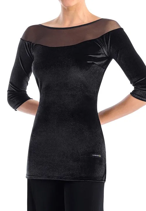 Victoria Blitz Phoebe Black Velvet Ballroom Practice Top with Boat Neck, Sheer Mesh Yoke, Longer Cut, and 3/4 Sleeves PRA 740 in Stock