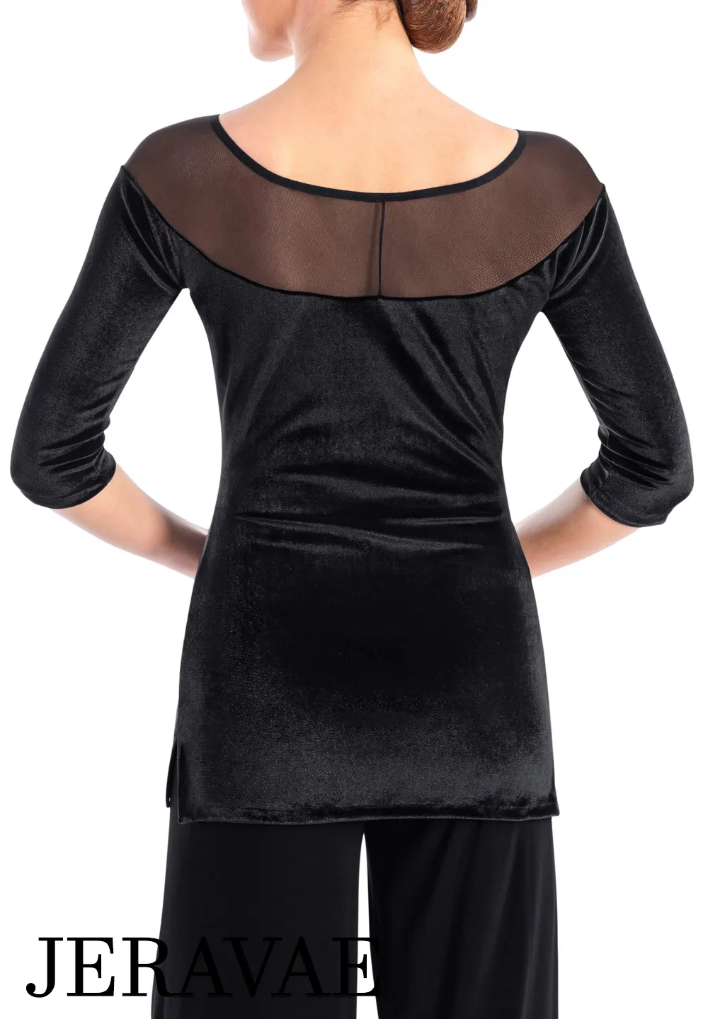 Victoria Blitz Phoebe Black Velvet Ballroom Practice Top with Boat Neck, Sheer Mesh Yoke, Longer Cut, and 3/4 Sleeves PRA 740 in Stock