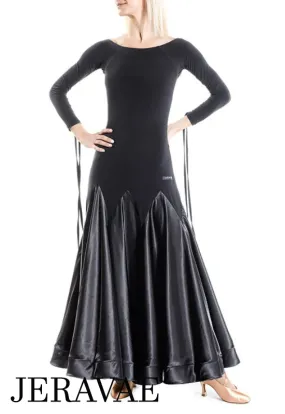 Victoria Blitz Vich Standard Ballroom Practice Dress with Ribbon Floats on Long Sleeves, V-Cut Back, and Satin Skirt in Sizes XS-3XL PRA 899 in Stock